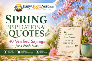 Spring morning quotes graphic featuring the DailyQuoteNest.com logo, sunrise, blooming spring flowers, coffee mug, and an open journal with 11 verified sayings to start the day.