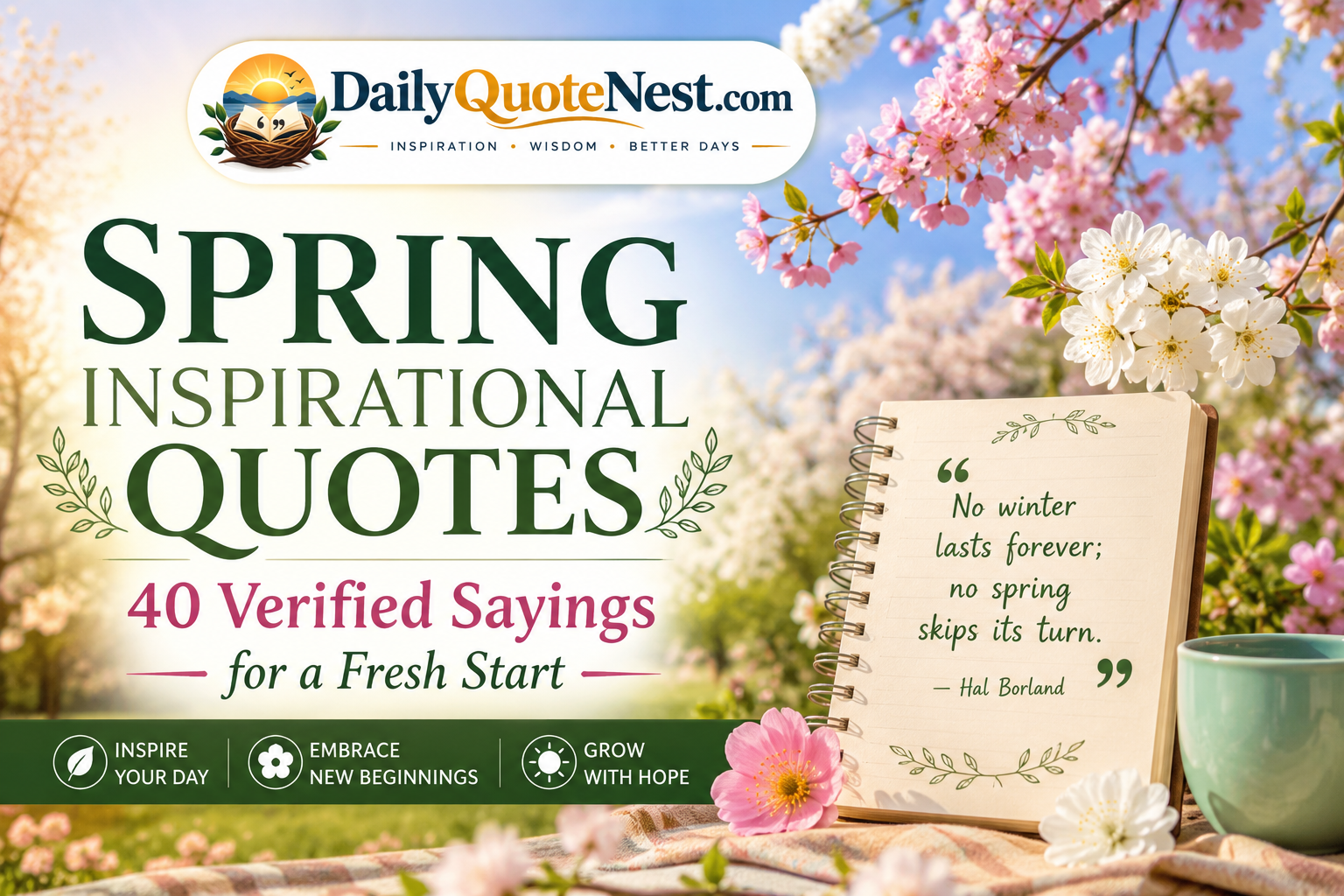 Spring morning quotes graphic featuring the DailyQuoteNest.com logo, sunrise, blooming spring flowers, coffee mug, and an open journal with 11 verified sayings to start the day.